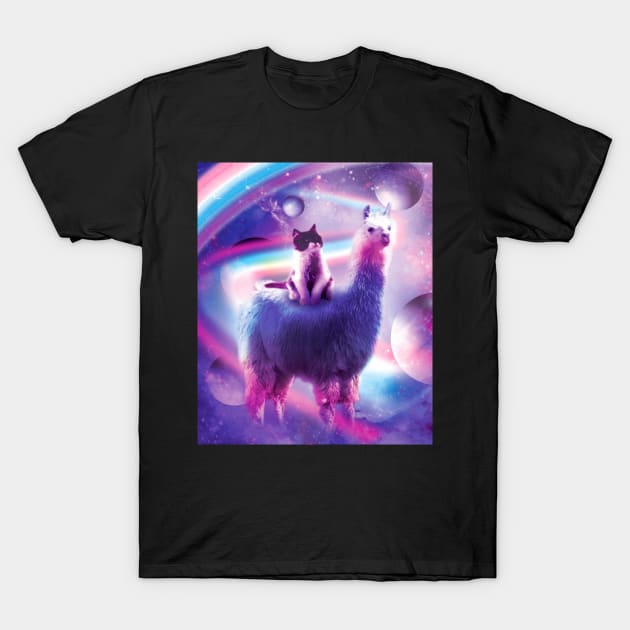 Kitty Cat Riding On Rainbow Llama In Space T-Shirt by Random Galaxy